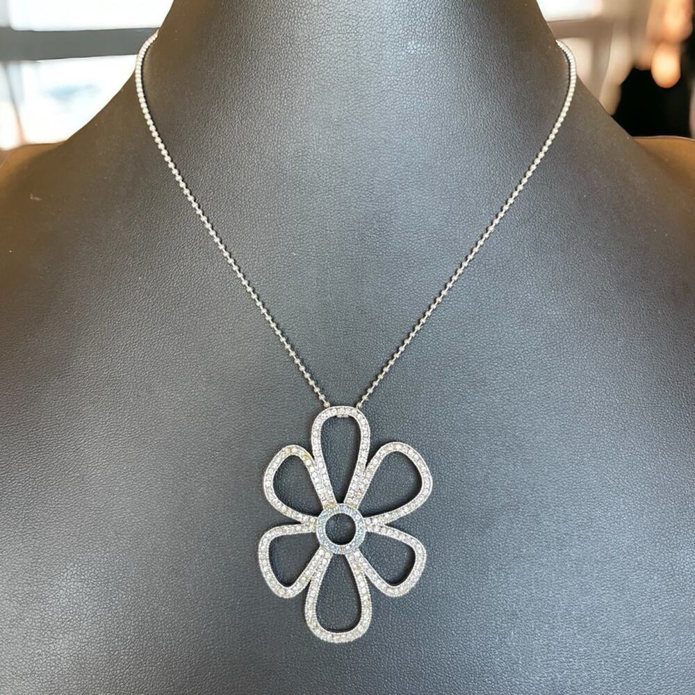 Kiam Family Lia Sophia Clear & Blue Rhinestone Flower Necklace Silver Tone